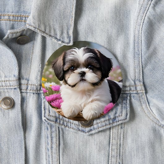 Kleine Shih Tzu Puppymand Bloemen Ronde Button 4,0 Cm (In situ)
