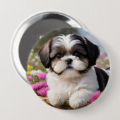 Kleine Shih Tzu Puppymand Bloemen Ronde Button 4,0 Cm (Voorkant /achterkant)