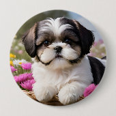 Kleine Shih Tzu Puppymand Bloemen Ronde Button 4,0 Cm (Voorkant)