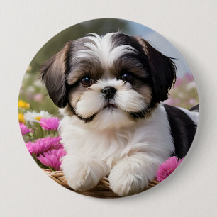Kleine Shih Tzu Puppymand Bloemen Ronde Button 4,0 Cm