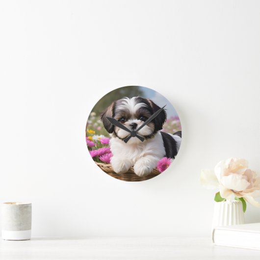 Kleine Shih Tzu Puppymand Bloemen Ronde Klok (Huis)