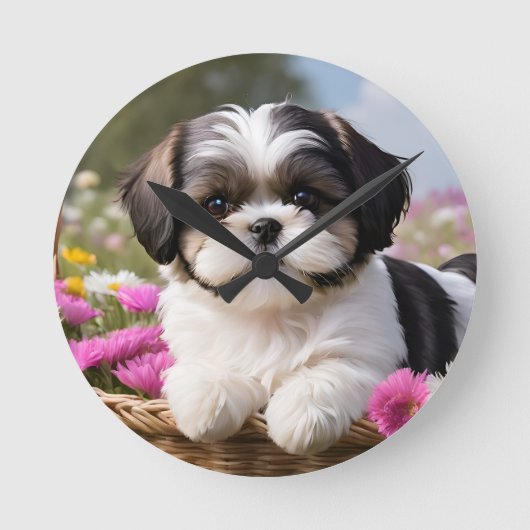 Kleine Shih Tzu Puppymand Bloemen Ronde Klok (Voorkant)