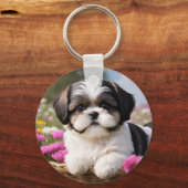 Kleine Shih Tzu Puppymand Bloemen Sleutelhanger (Achterkant)
