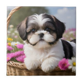 Kleine Shih Tzu Puppymand Bloemen Tegeltje (Voorkant)