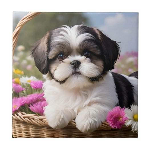 Kleine Shih Tzu Puppymand Bloemen Tegeltje (Voorkant)