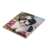 Kleine Shih Tzu Puppymand Bloemen Tegeltje (Zijkant)