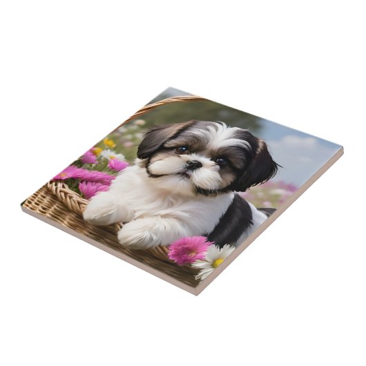 Kleine Shih Tzu Puppymand Bloemen Tegeltje (Zijkant)