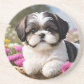 Kleine Shih Tzu Puppymand Bloemen Zandsteen Onderzetter (Voorkant)