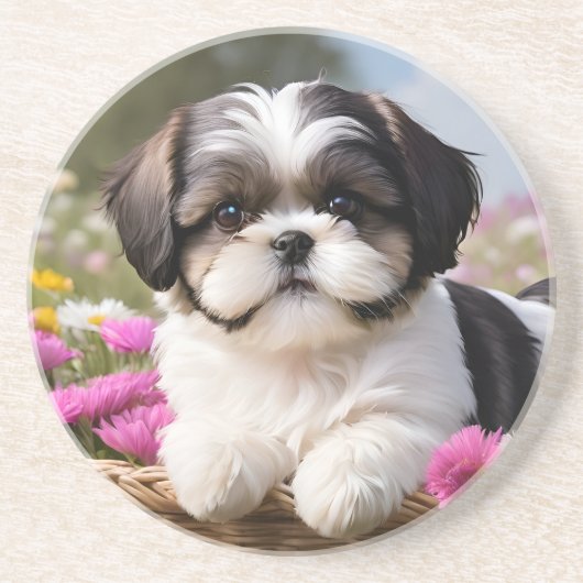 Kleine Shih Tzu Puppymand Bloemen Zandsteen Onderzetter (Voorkant)