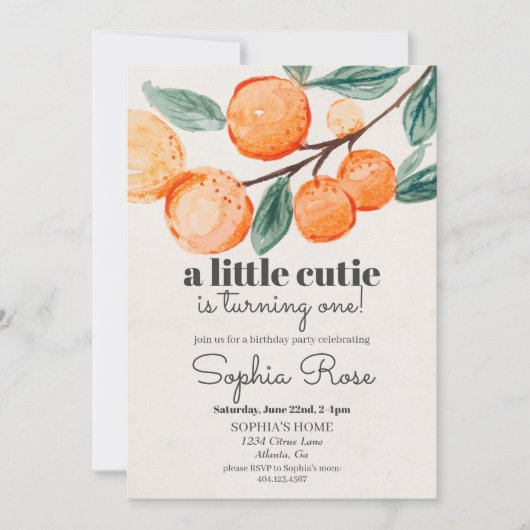 Kleine sinaasappel eerste verjaardag uitnodiging (Voorkant)
