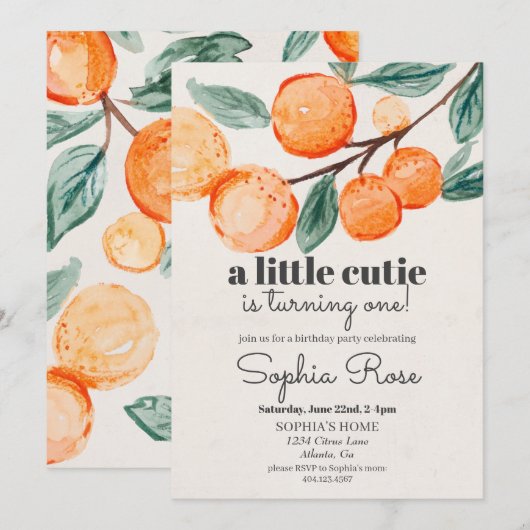 Kleine sinaasappel eerste verjaardag uitnodiging (Voorkant / Achterkant)