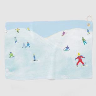 Kleine skiërs op Snowy Hill Golfhanddoek