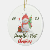 Kleine sneeuwman en kerstboom foto keramisch ornament (Links)