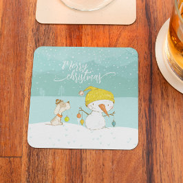 Kleine sneeuwpop en hond op kerst-winterscène bier onderzetter
