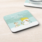 Kleine sneeuwpop en hond op kerst-winterscène bier onderzetter (Linkerzijde)