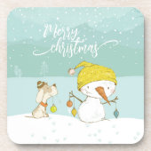 Kleine sneeuwpop en hond op kerst-winterscène bier onderzetter (Voorkant)