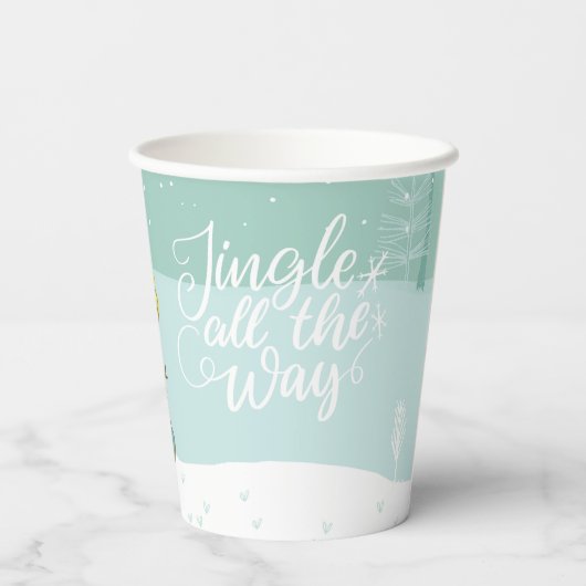 Kleine sneeuwpop en hond op kerst-winterscène papieren bekers (Achterkant)