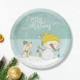 Kleine sneeuwpop en hond op kerst-winterscène papieren bordje