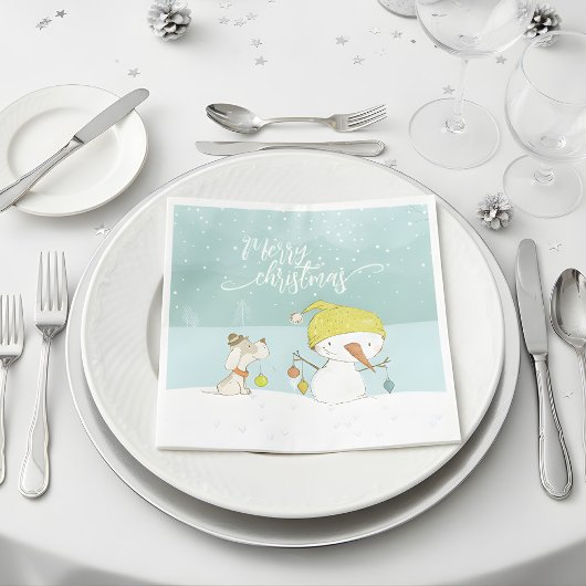 Kleine sneeuwpop en hond op kerst-winterscène servet