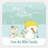 Kleine sneeuwpop en hond op kerst-winterscène vierkante sticker (Voorkant)