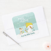 Kleine sneeuwpop en hond op kerst-winterscène vierkante sticker (Envelop)