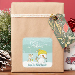Kleine sneeuwpop en hond op kerst-winterscène vierkante sticker