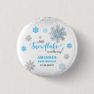 Kleine Sneeuwvlok Blauw Zilver Glitter Baby Shower Ronde Button 3,2 Cm