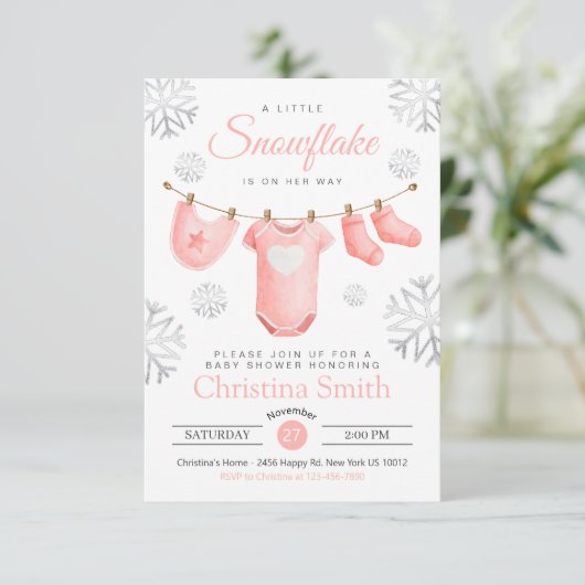 Kleine sneeuwvlok op de weg roze baby meisje douch kaart (Staand voorkant)