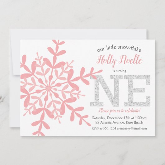 Kleine Sneeuwvlok Roze Zilveren Glitter 1e Verjaar Kaart (Voorkant)