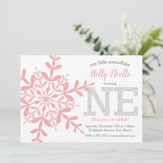 Kleine Sneeuwvlok Roze Zilveren Glitter 1e Verjaar Kaart (Staand voorkant)