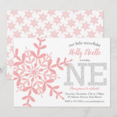 Kleine Sneeuwvlok Roze Zilveren Glitter 1e Verjaar Kaart (Voorkant / Achterkant)