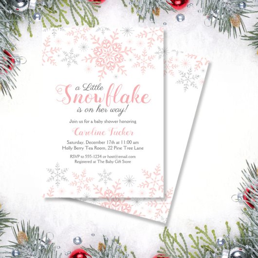 Kleine Snowflake roze Silver Glitter Baby shower Kaart