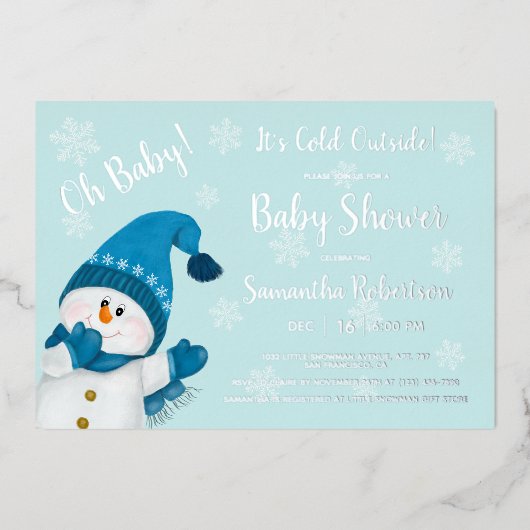 Kleine Snowman Het is koud buiten Baby shower Folie Uitnodiging (Voorkant)