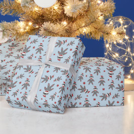 Kleine Sock Monkey Met Kerstman Hoed Blauw Kerstmi Cadeaupapier