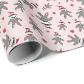Kleine Sock Monkey Met Kerstman Hoed Roze Kerstmis Cadeaupapier (Rol Hoek)
