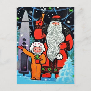 Kleine Sovjet-astronaut met kerstman, vintage Briefkaart