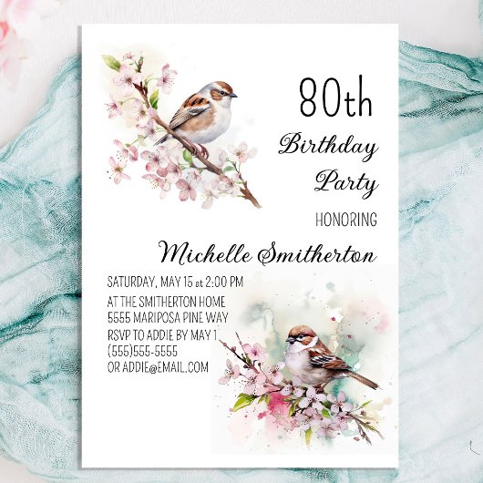 Kleine Sparrow Cherry Blossom Spring 80th Birthday Kaart