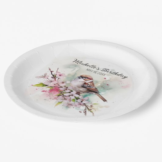 Kleine Sparrow Cherry Blossom Spring Birthday Naam Papieren Bordje (Gekanteld)