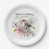 Kleine Sparrow Cherry Blossom Spring Birthday Naam Papieren Bordje (Voorkant)