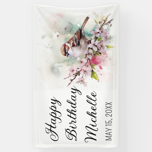 Kleine Sparrow Cherry Blossom Spring Birthday Naam Spandoek (Verticaal)