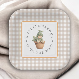 Kleine Spruit Neutraal Beige Gingham Baby Shower Papieren Bordje