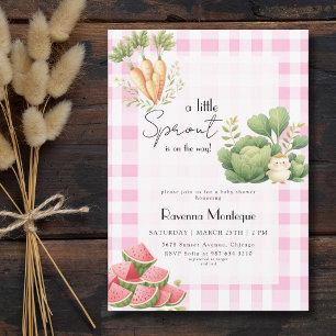 Kleine Spruit Roze Gingham Groente Baby Shower Kaart