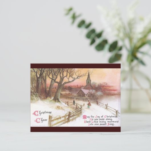 Kleine stad en kerk op zonsondergang in de winter briefkaart (Staand voorkant)