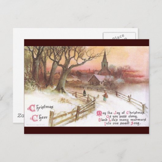 Kleine stad en kerk op zonsondergang in de winter briefkaart (Voorkant / Achterkant)