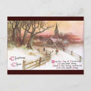 Kleine stad en kerk op zonsondergang in de winter briefkaart