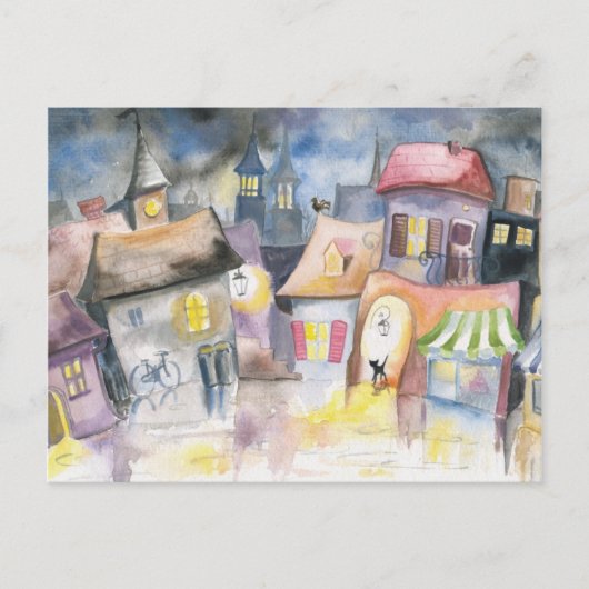 Kleine stad 's nachts briefkaart (Voorkant)
