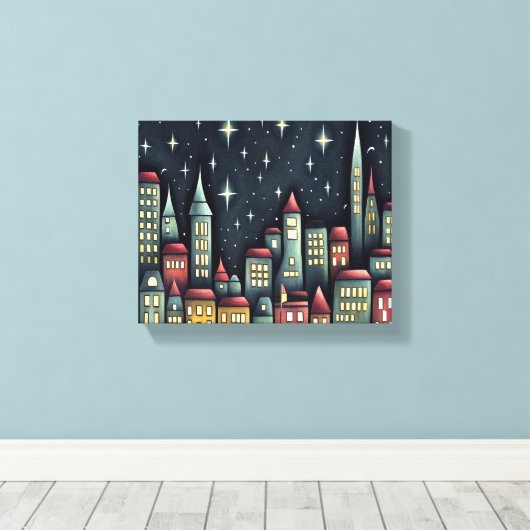 Kleine stad 's nachts canvas afdruk (Insitu (Houten vloer))