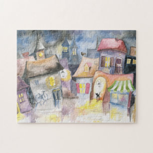 Kleine stad 's nachts legpuzzel