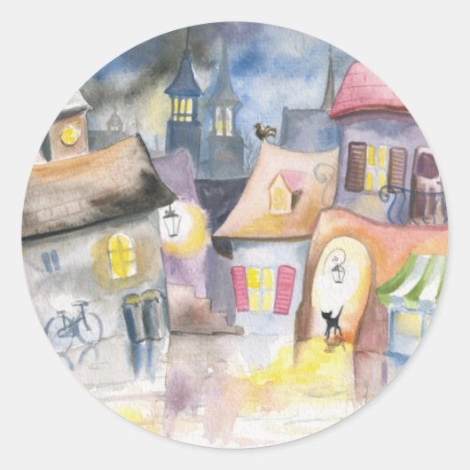 Kleine stad 's nachts ronde sticker (Voorkant)