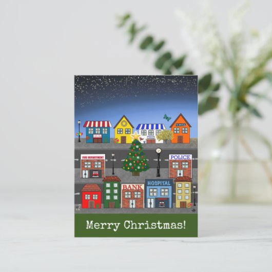 kleine stadsbuurt | vrolijk kerstfeest briefkaart (Staand voorkant)